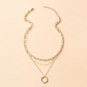 Collar de aleacin chapado en oro exagerado con cadena de bamb y colgantes de crculos regulares, estilo urbano moderno Hip-Hop para mujer.