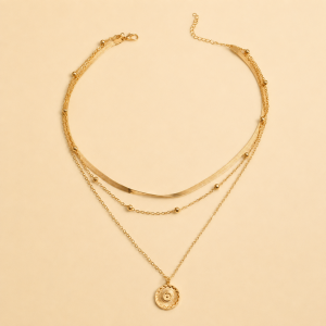 Collar de cadena de oro amarillo de tres capas con colgante redondo al por mayor, cadena de collar rellena de oro.