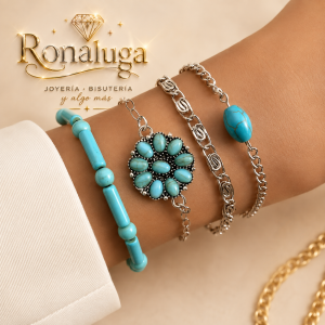 Conjunto de Pulseras de Estilo Bohemio con Incrustaciones de Turquesa para Mujer, Joyera de Estilo etnico