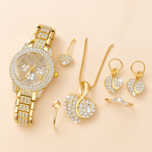 Nueva Tendencia, Juego de 5 Piezas de Reloj de Cuarzo Elegante con Diamantes en Oro Rosa, Aretes, Collar y Pulseras de Aleacin para Mujer.