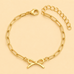 Pulsera de Plata de Ley 925 con Bao de Oro de 14K, Diseo Simple con Colgante de lazo, Joyera Diaria para Mujer