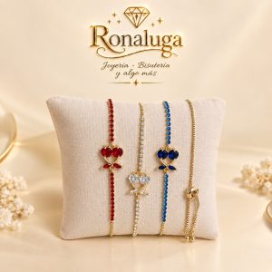 Pulseras de cerezas con cristal en colores roja, blanco y azul. baño de Oro chino 18K.