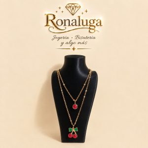 Cadena doble con dije de cerezas y punto rojo baño Oro Chino18k