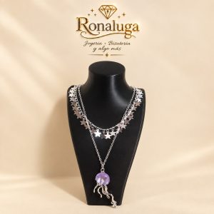 Cadena doble con estrellas y dije merluza, metal acero inoxidable