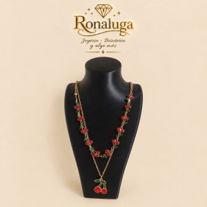 Cadena doble de cerezas y con dije de lazo baño Oro Chino18k