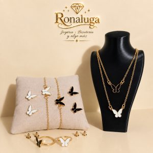 Conjunto de Joyería Simple, acero inoxidable con Mariposas para Mujer, Collares, Pulseras, Aretes y Anillo, Accesorios Casuales. Negro y Blanco